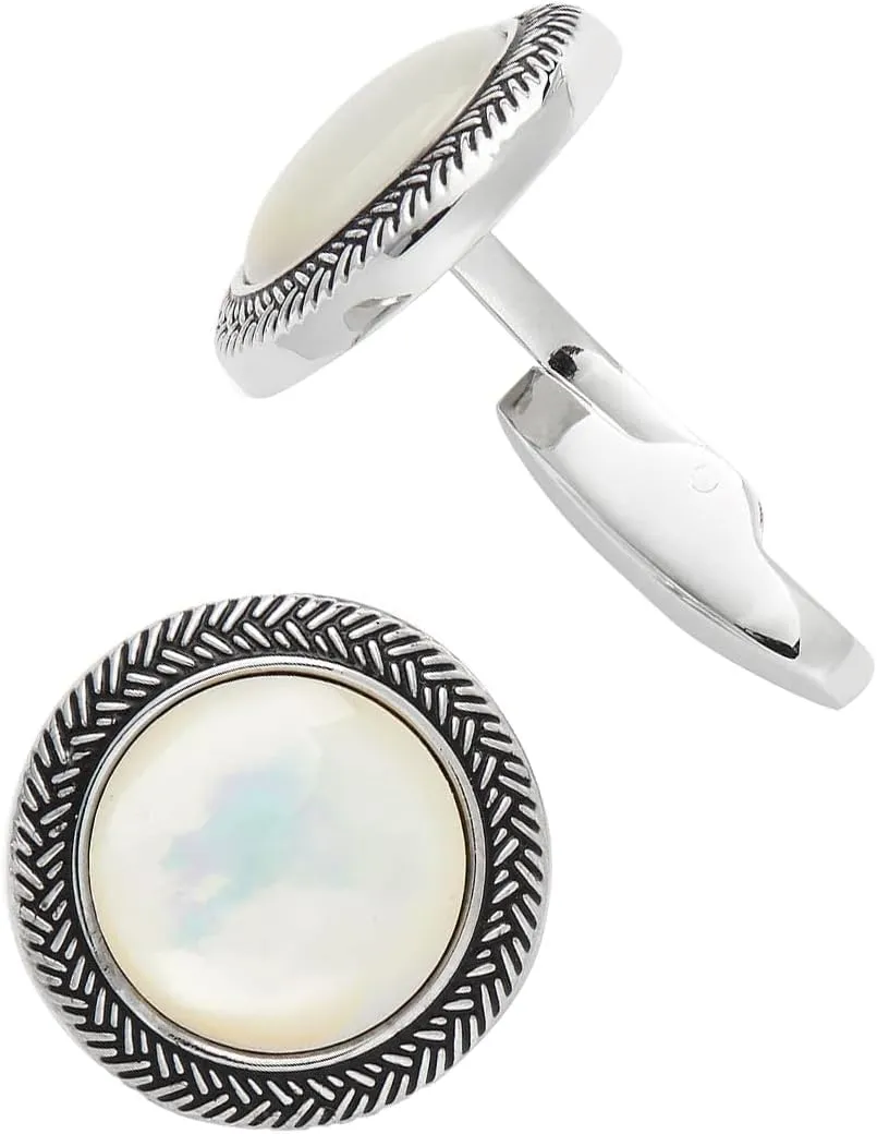 Mother of Pearl Gemstone Round Cufflinks with Antique Silver Braided Border