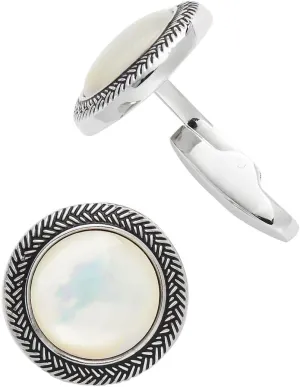 Mother of Pearl Gemstone Round Cufflinks with Antique Silver Braided Border