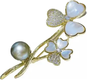 Natural 9-10mm Gray Pearl Crystal Flower Brooches 18KGP for Women