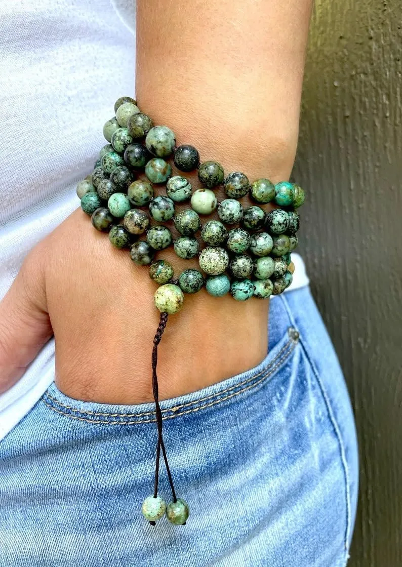 Natural African Turquoise 8mm 108 Mala Beads, Spiritual, Meditation Beads, Reiki, Japa Mala, Buddhist Prayer Beads, Yoga Bracelet, healing beads LKMALA-RRGU-2516