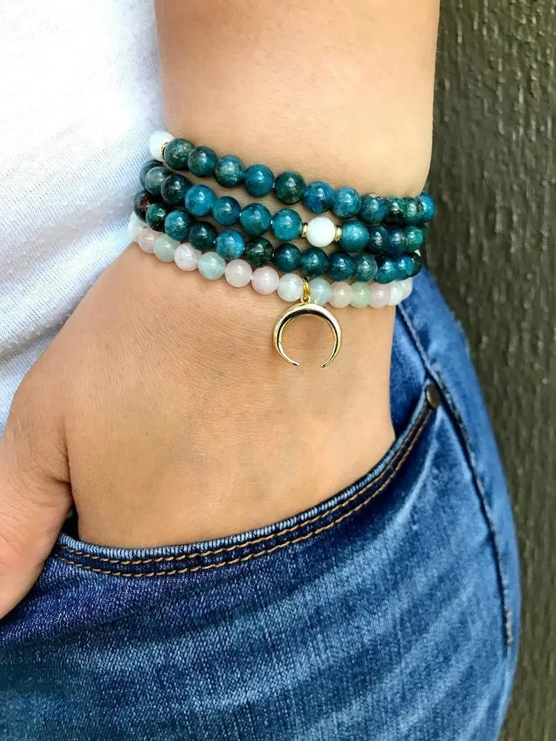 Natural Apatite, Amazonite, Morganite and Moonstone 6mm 108 Mala Beads, Spiritual, Meditation Beads, Reiki, Japa Mala, Buddhist Prayer Beads, Yoga Bracelet, healing beads LKMALA-RRGU-1334