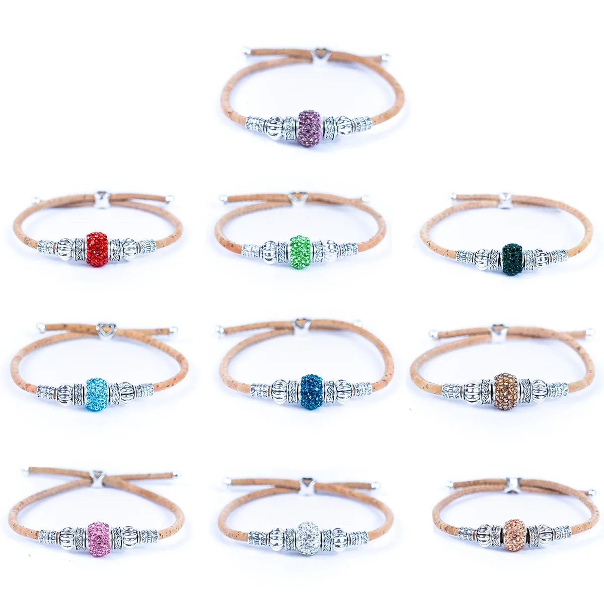 Natural cork thread and colorful shiny beads handmade women's bracelet BR-003-MIX-10