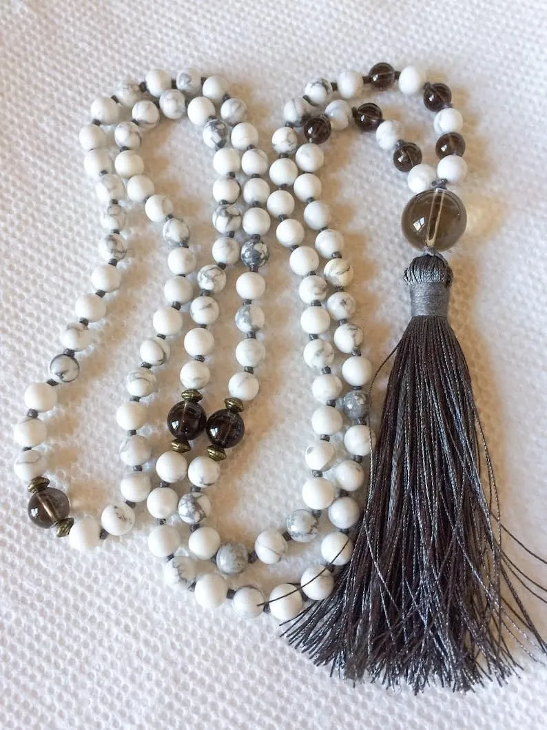 Natural Howlite, Smoky Quartz 6mm-14mm 108 Mala Beads, Spiritual, Meditation Beads, Reiki, Japa Mala, Buddhist Prayer Beads, Yoga Bracelet, healing beads LKMALA-RRGU-1025