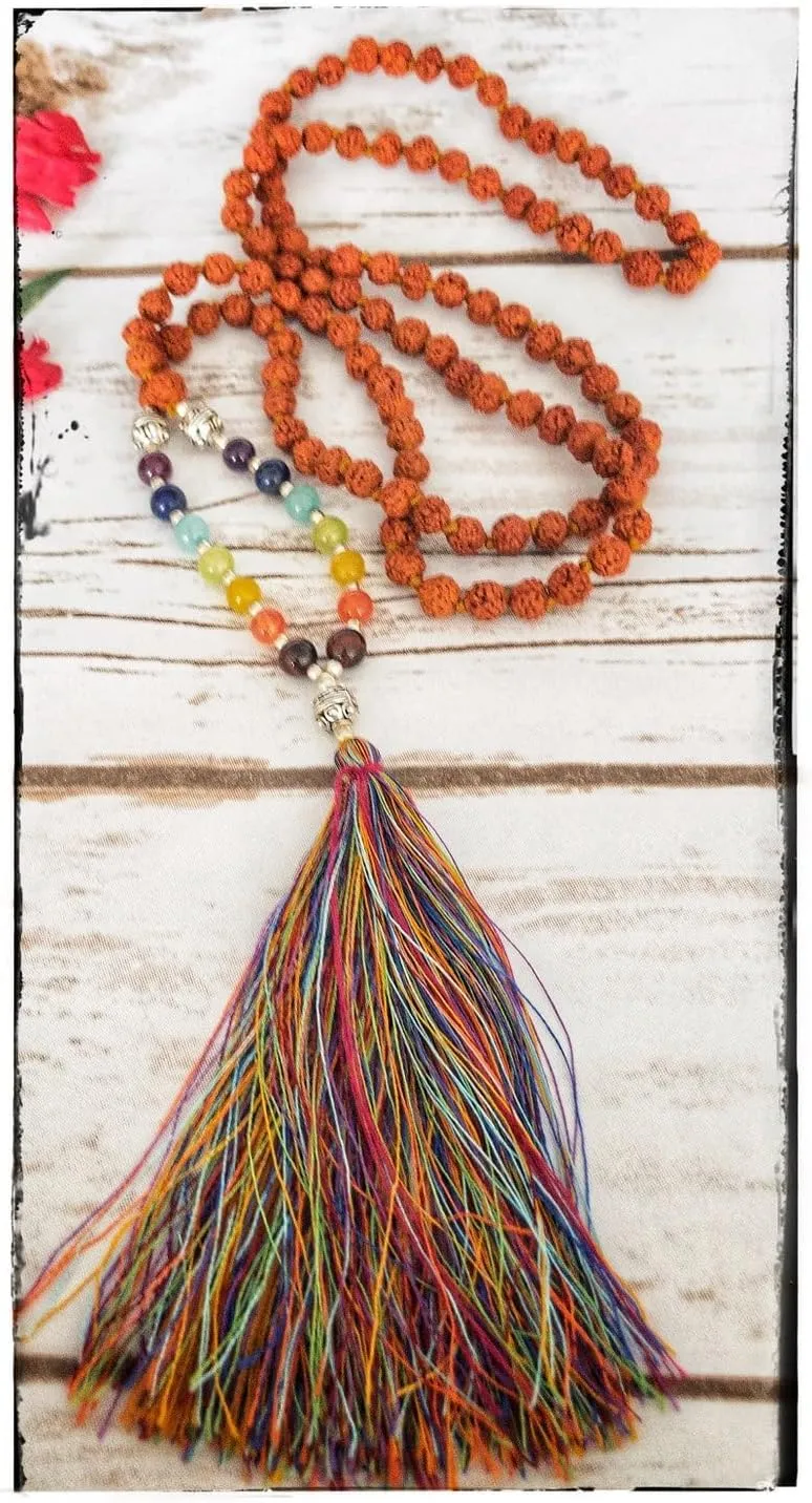Natural Rudraksha,7Chakra 8mm 108 Mala Beads, Spiritual, Meditation Beads, Reiki, Japa Mala, Buddhist Prayer Beads, Yoga Bracelet, healing beads LKMALA-RRGU-3557