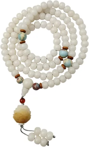 Natural White Bodhi Seed 108 Mala Beads Bracelet for Women with Lotus/Praying Hands Buddhist Prayer Beads Necklace