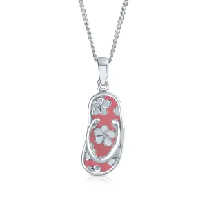 Nautical Flip Flop Pendant Necklace in Pink Sterling Silver Beach Sandal