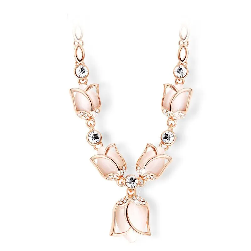 New Chokers Necklaces Romantic Rose Gold Plated White Pink Beige Created Opal Rhinestone Tulips Necklace For Women Jewelry