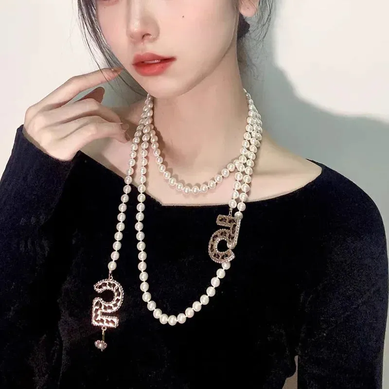 New Design Long Multi-layers Sweater Chain Necklace with Letter Pendant