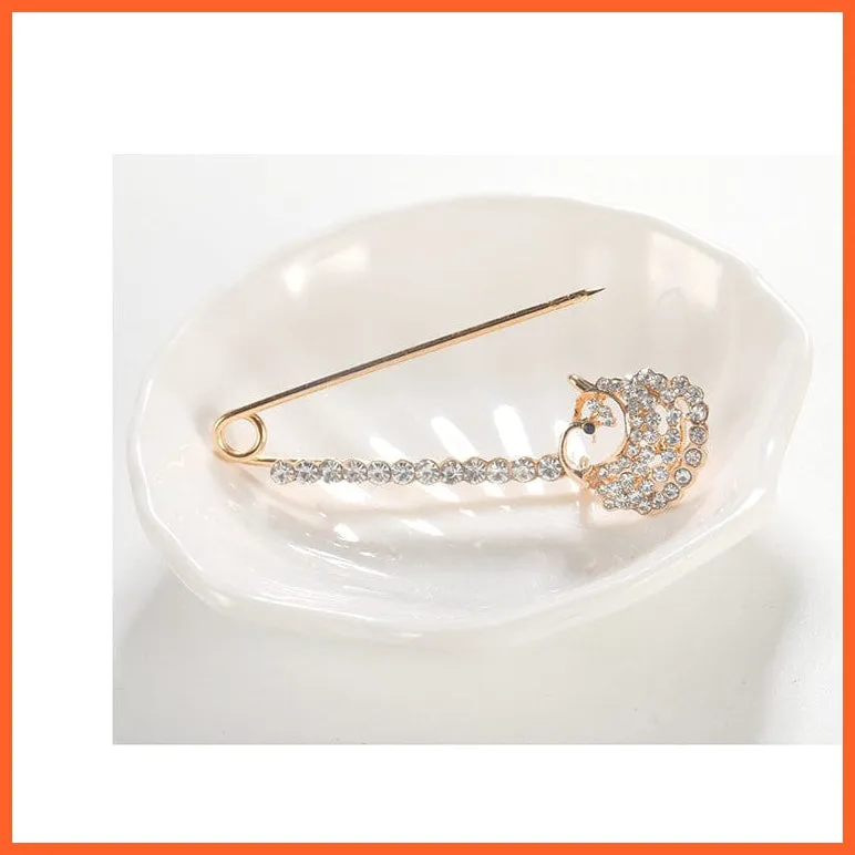 New Fashion Brooches | Crystal Peacock Flowers Crown Bow Lapel Pin