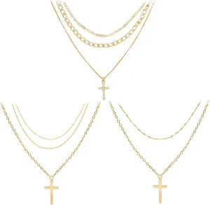NEWITIN 3 Pieces Cross Necklaces for Men Gold Plated Layered Choker Necklaces Simple Stackable Cross Pendant Religious Gold Cross Chain Necklace for Women Men