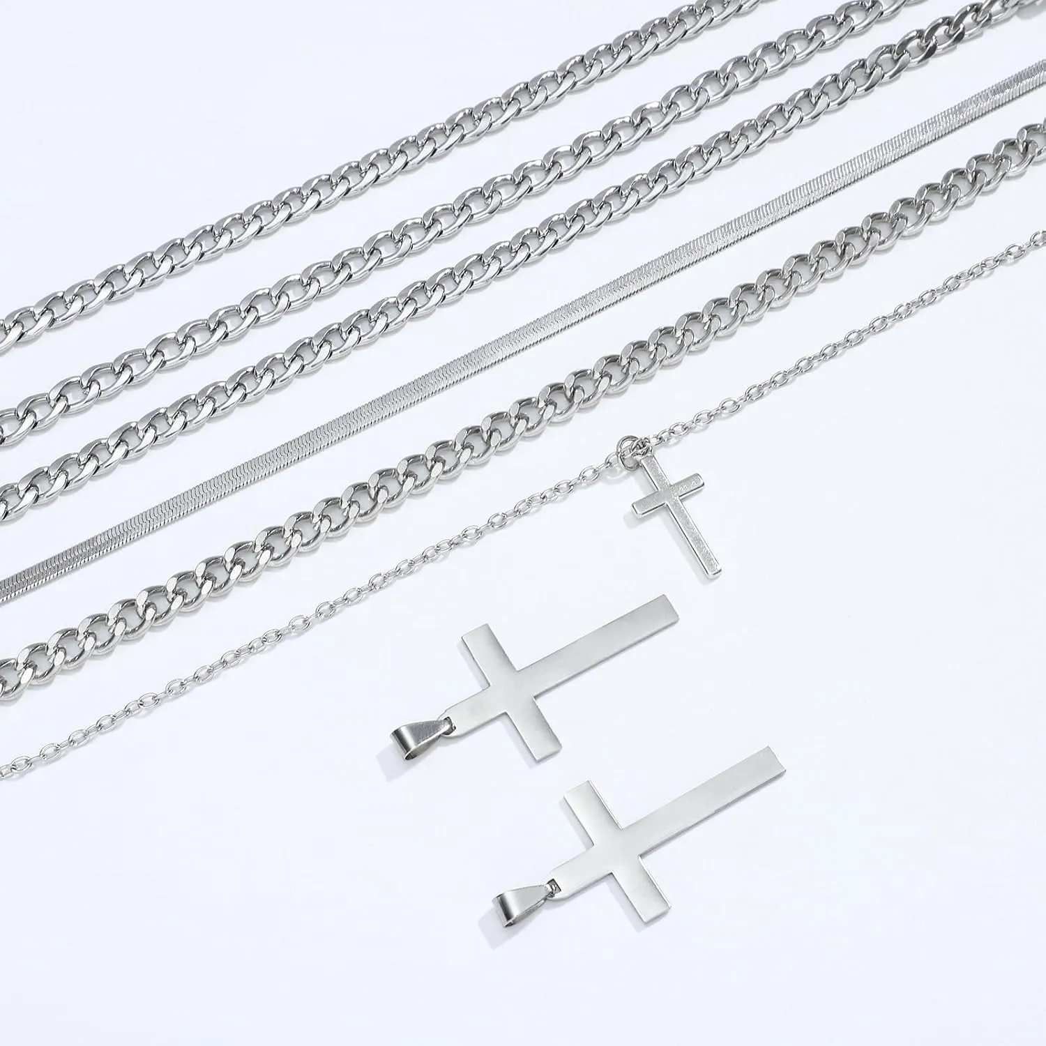 NEWITIN 31 Pieces Stainless Steel Jewelry Set for Men Black Silver Chain Necklace Bracelet Cross Pendant Necklaces Vintage Rings Dangle Cross Earrings Cuban Jewelry Set for Men Women
