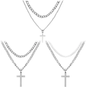 NEWITIN 31 Pieces Stainless Steel Jewelry Set for Men Black Silver Chain Necklace Bracelet Cross Pendant Necklaces Vintage Rings Dangle Cross Earrings Cuban Jewelry Set for Men Women