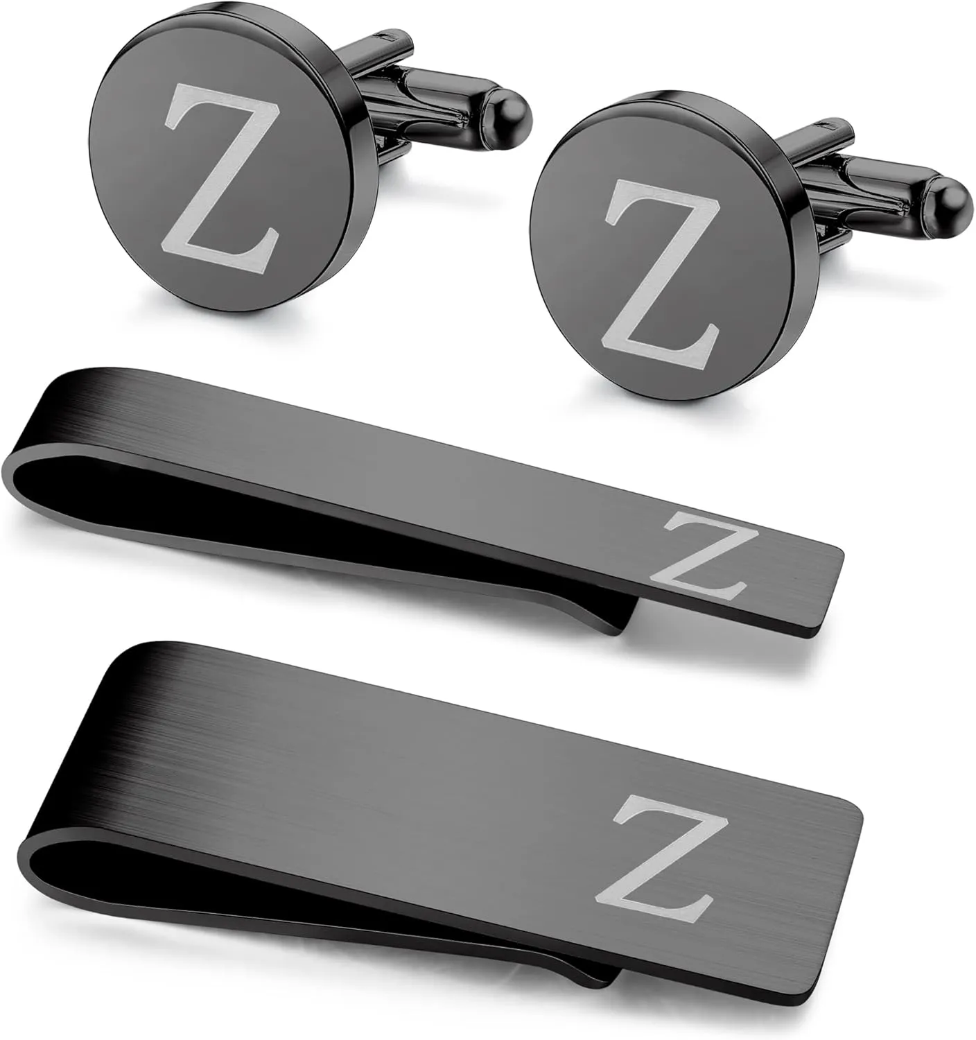 ORAZIO 4 PCS Initial Cufflinks and Tie Clips for Men Stainless Steel Personalized Engraved Cuff Links and Tie Bar Money Clip Set Alphabet Letter A-Z with Gift Box for Father Husband