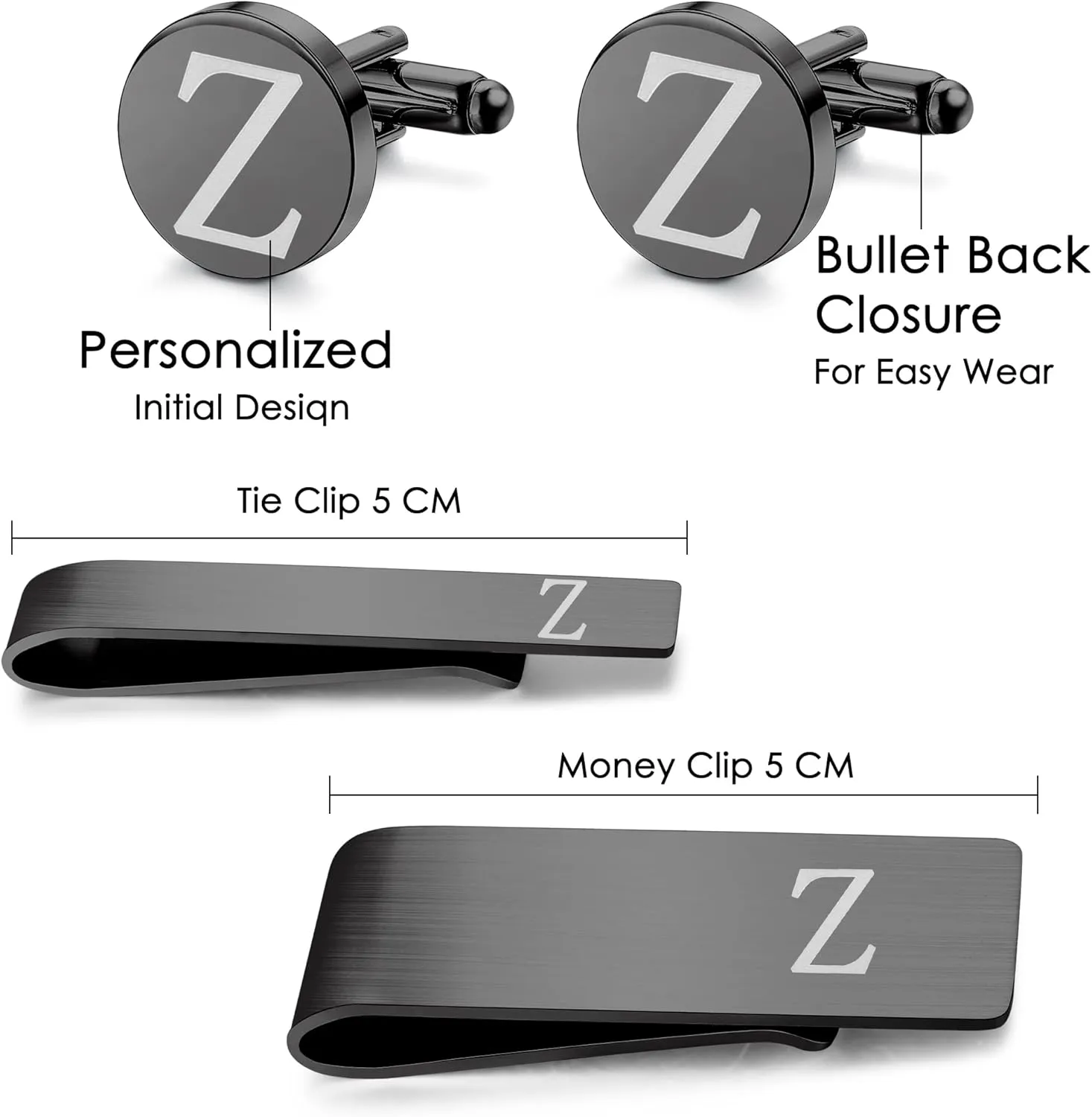 ORAZIO 4 PCS Initial Cufflinks and Tie Clips for Men Stainless Steel Personalized Engraved Cuff Links and Tie Bar Money Clip Set Alphabet Letter A-Z with Gift Box for Father Husband