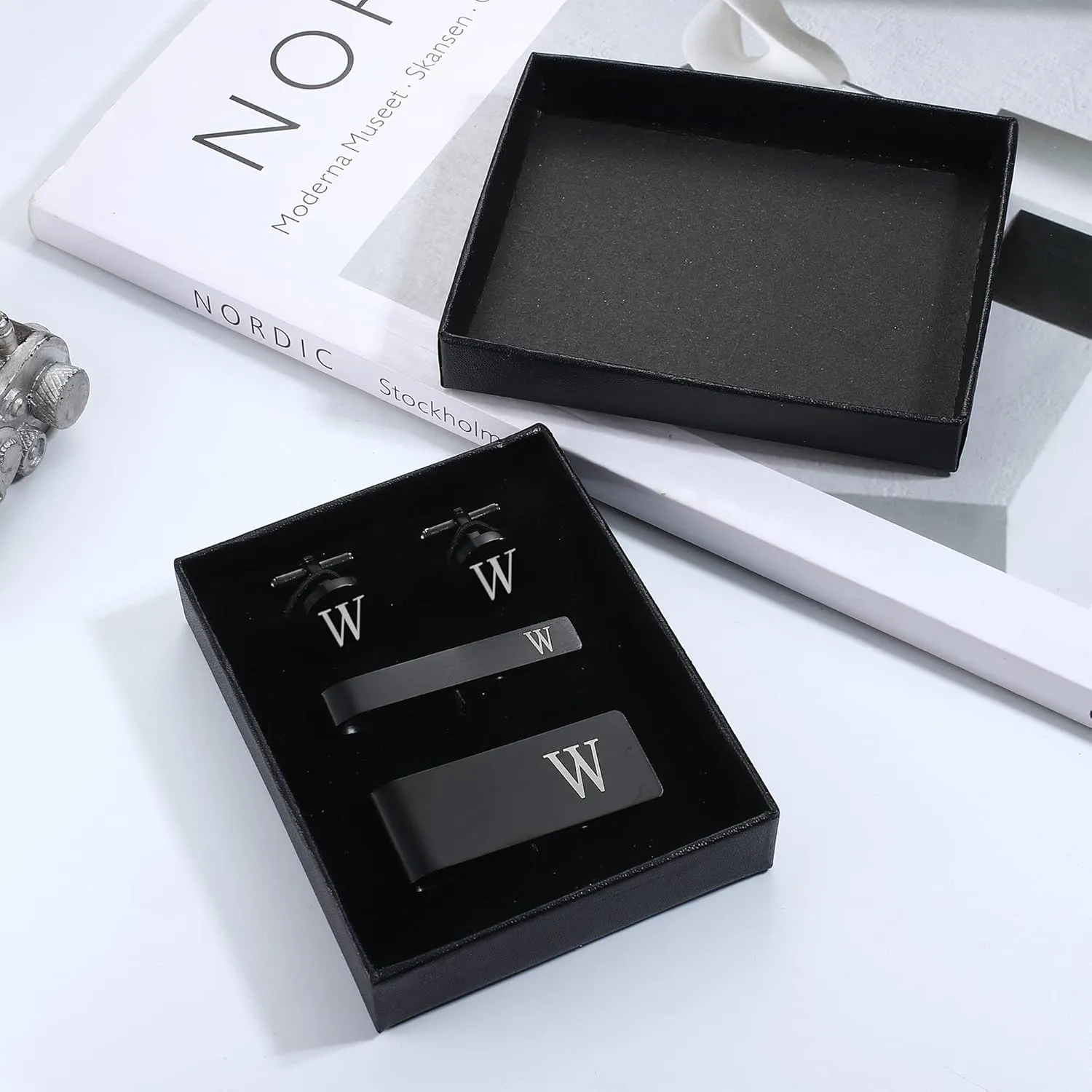 ORAZIO 4 PCS Initial Cufflinks and Tie Clips for Men Stainless Steel Personalized Engraved Cuff Links and Tie Bar Money Clip Set Alphabet Letter A-Z with Gift Box for Father Husband