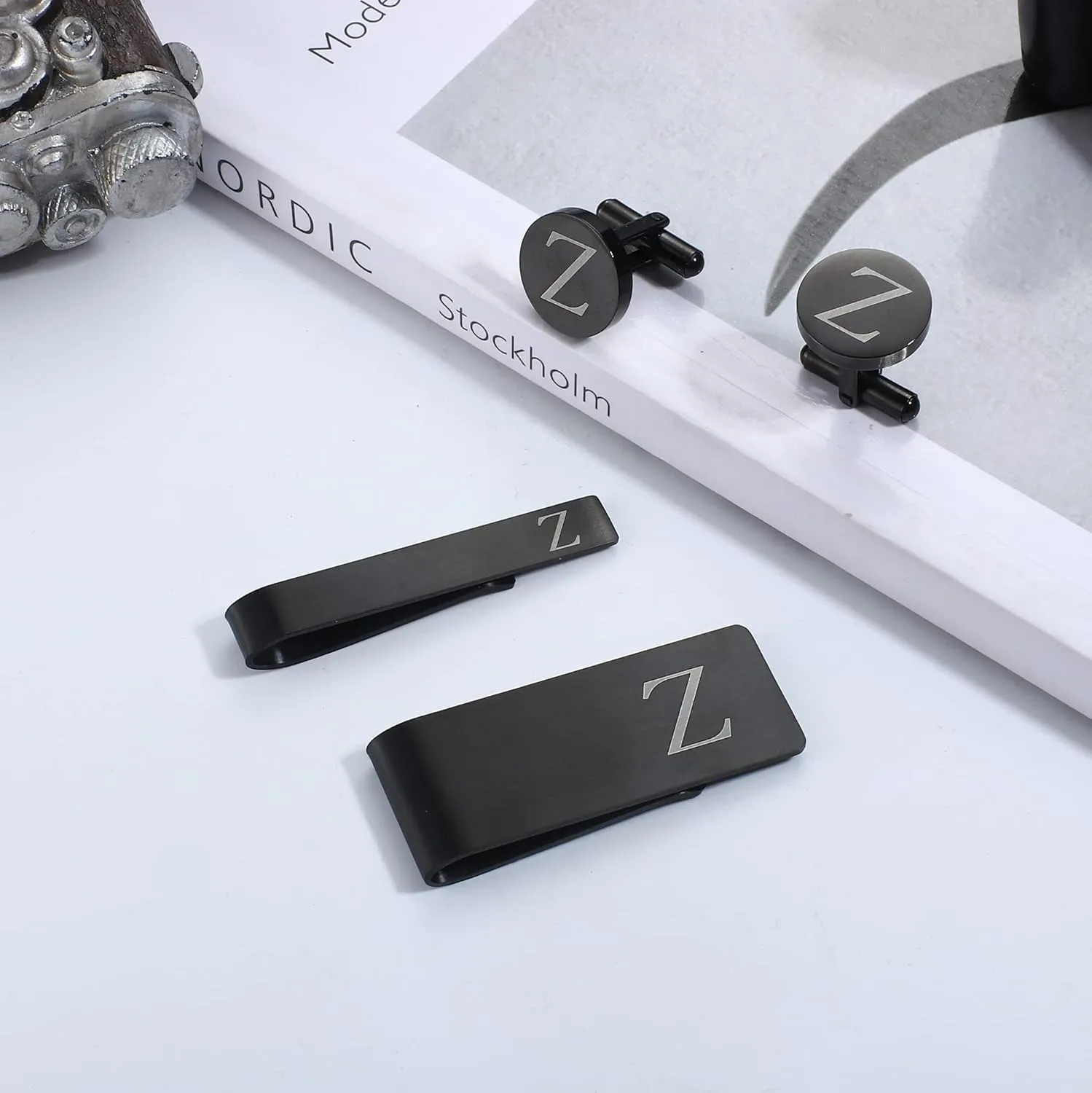 ORAZIO 4 PCS Initial Cufflinks and Tie Clips for Men Stainless Steel Personalized Engraved Cuff Links and Tie Bar Money Clip Set Alphabet Letter A-Z with Gift Box for Father Husband