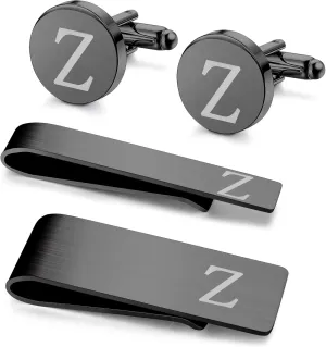 ORAZIO 4 PCS Initial Cufflinks and Tie Clips for Men Stainless Steel Personalized Engraved Cuff Links and Tie Bar Money Clip Set Alphabet Letter A-Z with Gift Box for Father Husband