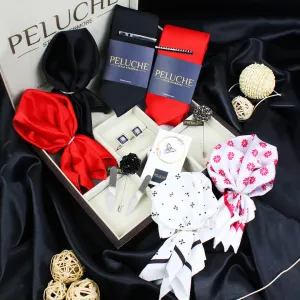 Peluche Solid Black & Red 13 Pcs Uber Luxury Gift Box (2 Neckties, 2 Tiepins, 2 Brooches, 1 Lapel Pin, 4 Pocket Squares, 1 Pair of Cufflinks, 1 Pair of Collar Stays)