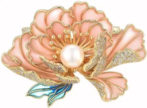 Peony Brooches for Women Gold-Plated Peony Flower Pearl Brooch Lapel Pin Rhinestone Flower Brooch Jewelry for Mom Wife