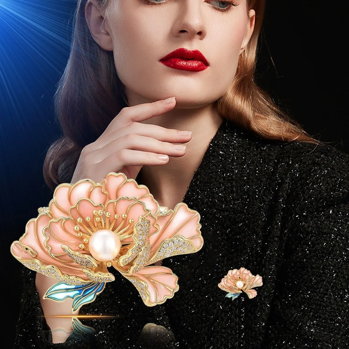 Peony Brooches for Women Gold-Plated Peony Flower Pearl Brooch Lapel Pin Rhinestone Flower Brooch Jewelry for Mom Wife