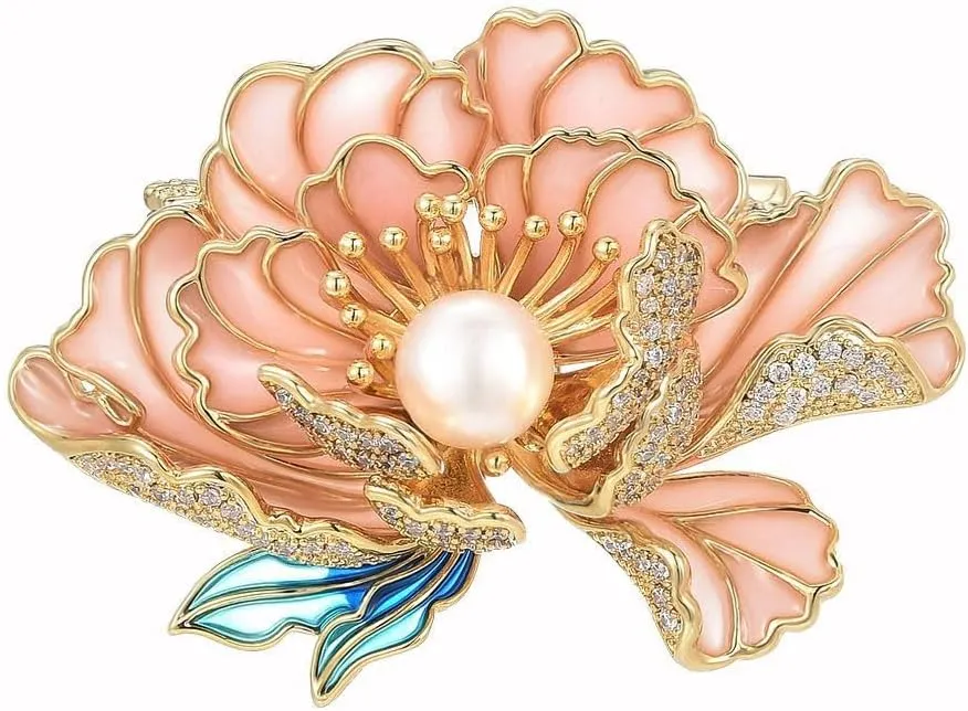 Peony Brooches for Women Gold-Plated Peony Flower Pearl Brooch Lapel Pin Rhinestone Flower Brooch Jewelry for Mom Wife