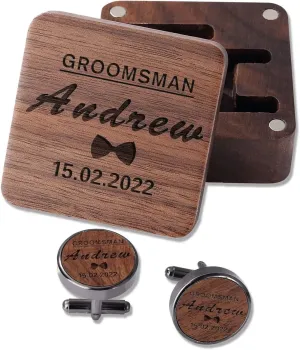 Personalized Cufflinks for Men Engraved Wedding Cufflinks Gifts for Groom Best Man, Wooden Cufflinks for Dad Husband with Box, Walnut, Black, Custom Name Date or Any Text