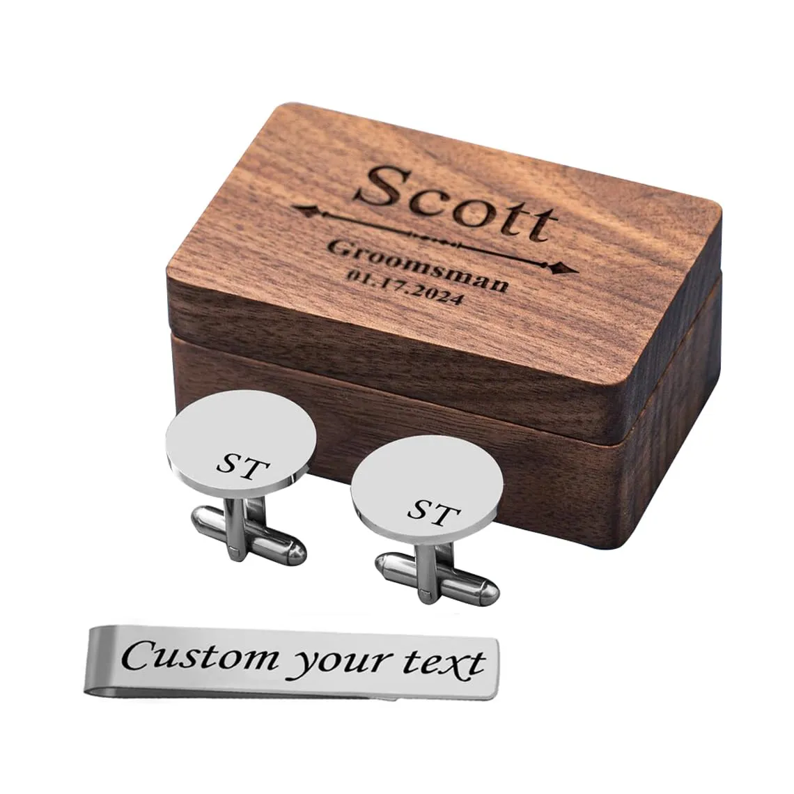 Personalized Cufflinks Men Wedding Gift Father of The Bride Custom Wood Box Cuff Links Groomsmen (Round)