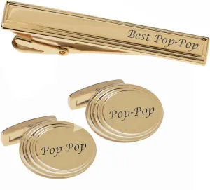Personalized Gold Oval Beveled Edge Cufflinks & Tie Clip Set Custom Engraved Free - Ships from USA