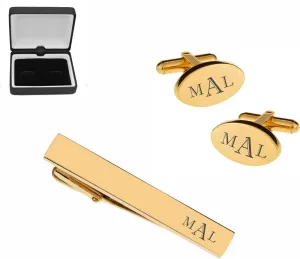 Personalized Gold Oval Cufflinks & Tie Bar Clip Set Engraved Free - Ships from USA