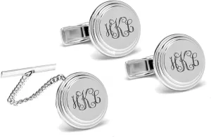 Personalized Silver Beveled Circle Cufflinks & Tie Pin Chain Set Custom Monogram Engraved Free Tie Tack - Ships from USA