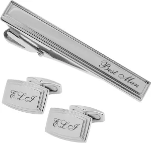 Personalized Silver Stainless Steel Beveled Cufflinks & Tie Clip Bar Set Custom Engraved Free - Ships from USA