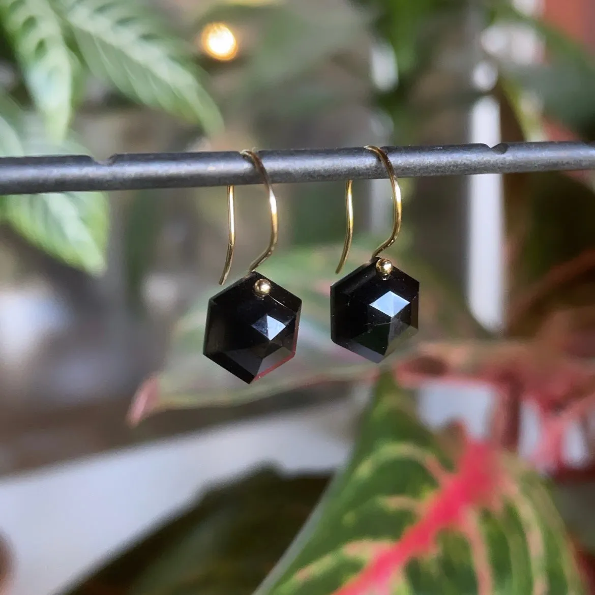 Petite black spinel Hexagon  Earrings