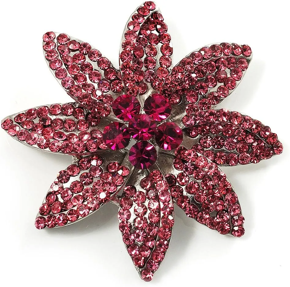 Pink Diamante Bridal Corsage Brooch (Silver Tone)