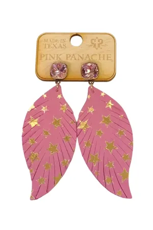 Pink Panache 10mm Bronze Light Rose Cushion Cut Post On Pink Leather Feather Earring With Gold Stars