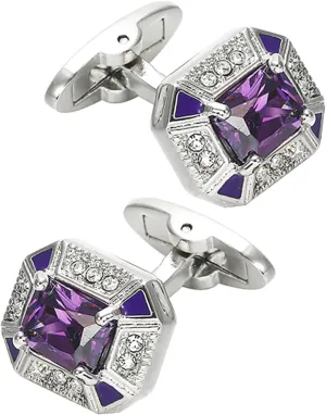 Rectangle Crystal Silver Tone Cufflinks for Men Purple/Blue/Transparent Crystals Men's Cuff Link Set for Wedding Shirt Party Business Birthday Anniversary Dress