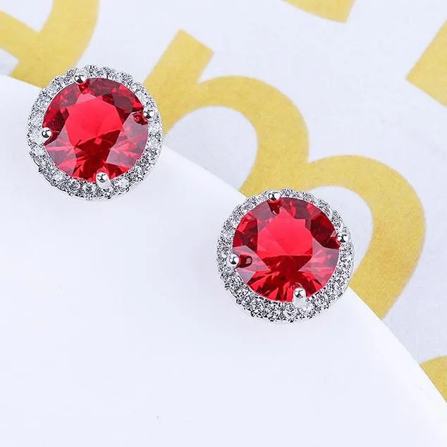 Red Halo Cubic Zirconia Stud Earrings Sterling Silver