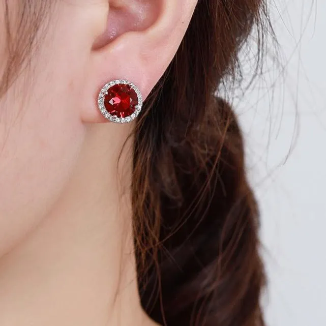 Red Halo Cubic Zirconia Stud Earrings Sterling Silver