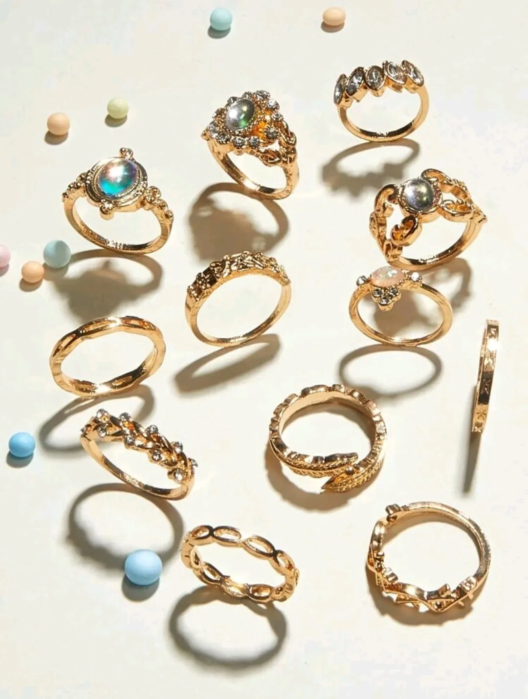 Rhinestone decor & leaf design rings (12 PCS)
