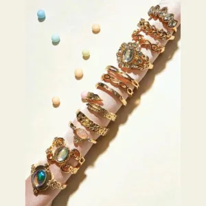 Rhinestone decor & leaf design rings (12 PCS)