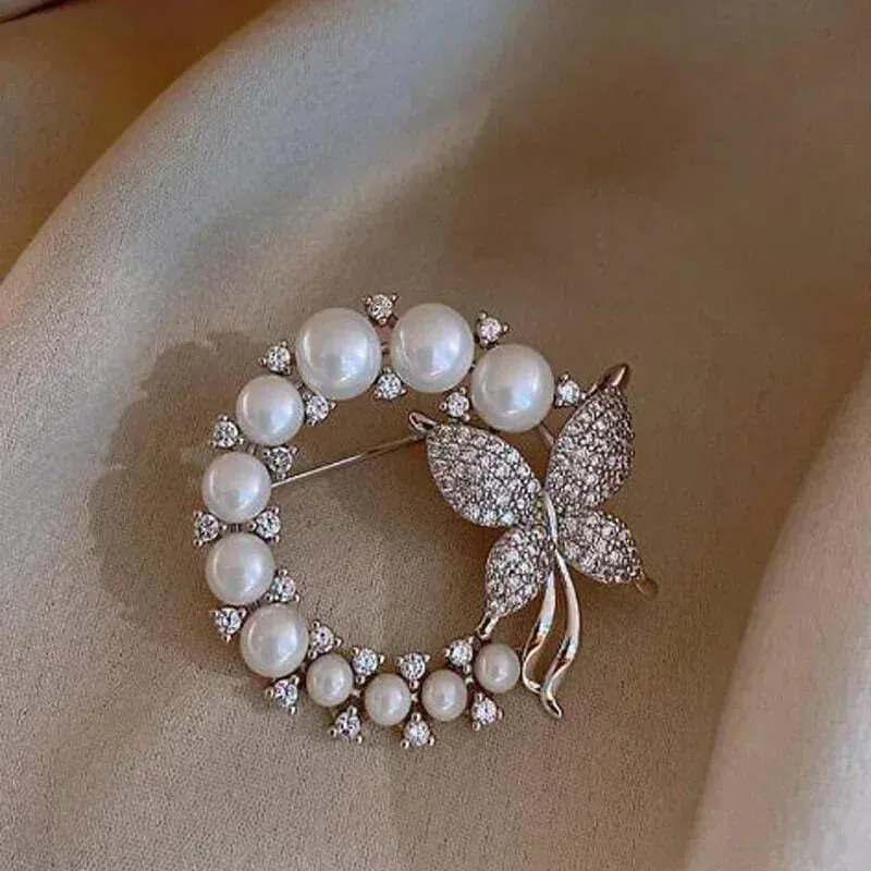 Rhinestone-Encrusted Butterfly Brooch With Synthetic Pearls