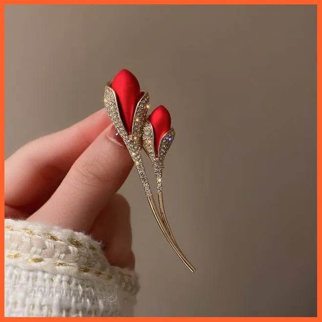 Rhinestone Red Rose Flower Brooches | Elegant Tulip Flower Bowknot Lapel Pins