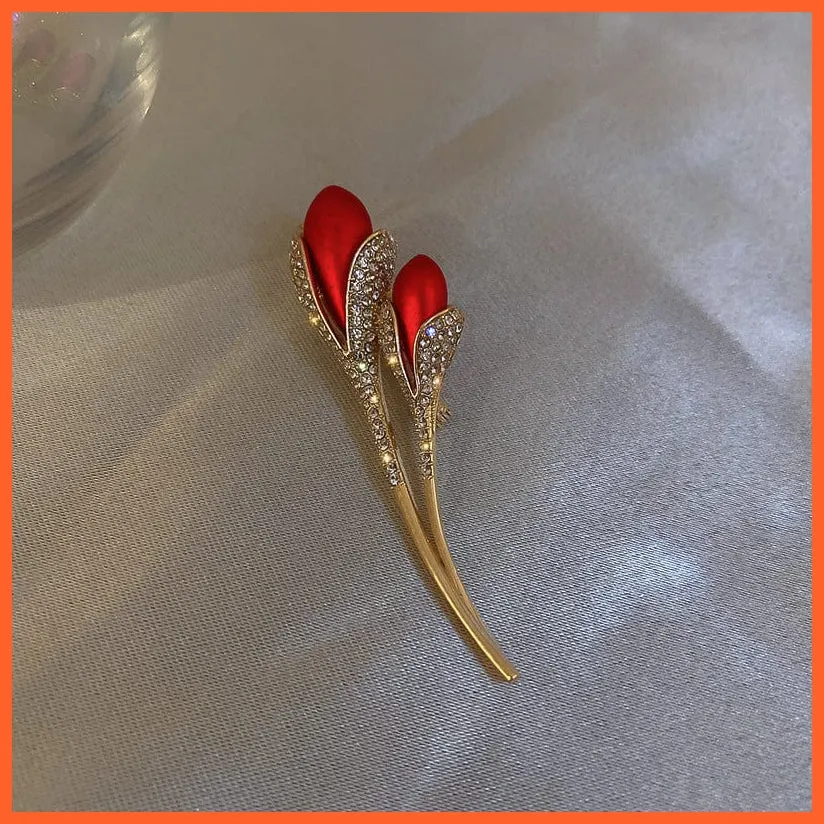 Rhinestone Red Rose Flower Brooches | Elegant Tulip Flower Bowknot Lapel Pins