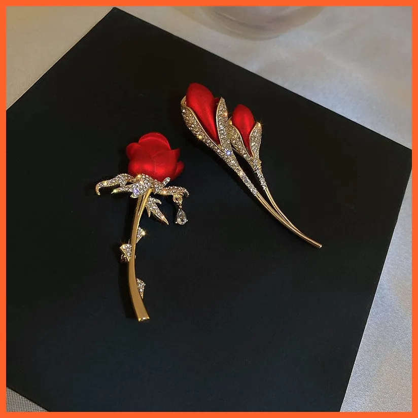 Rhinestone Red Rose Flower Brooches | Elegant Tulip Flower Bowknot Lapel Pins