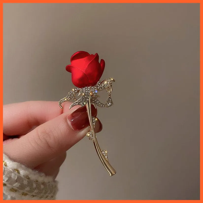 Rhinestone Red Rose Flower Brooches | Elegant Tulip Flower Bowknot Lapel Pins