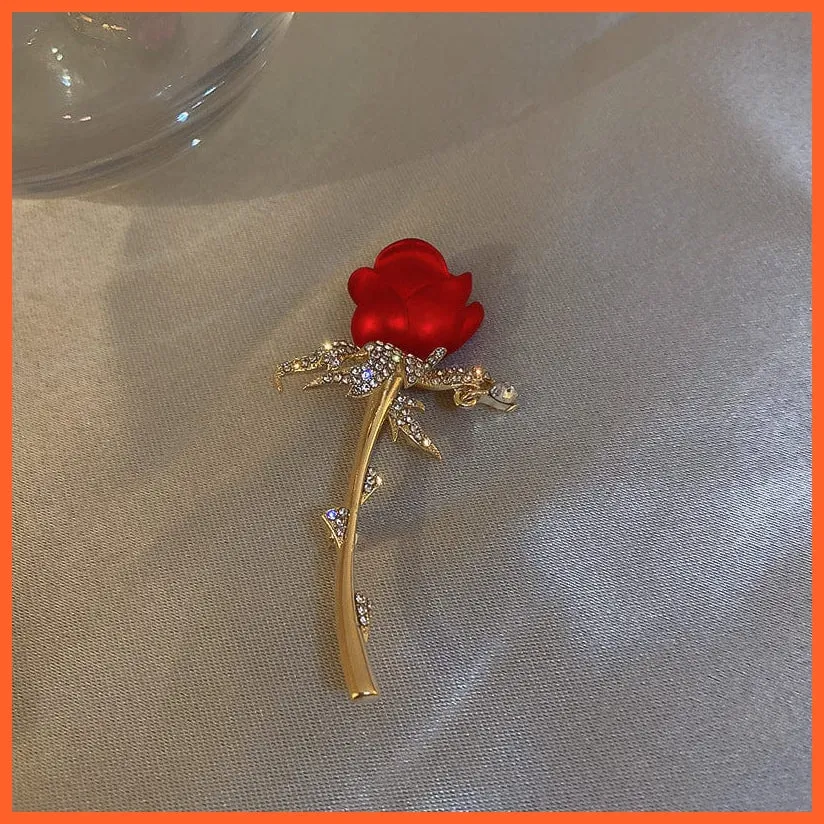 Rhinestone Red Rose Flower Brooches | Elegant Tulip Flower Bowknot Lapel Pins