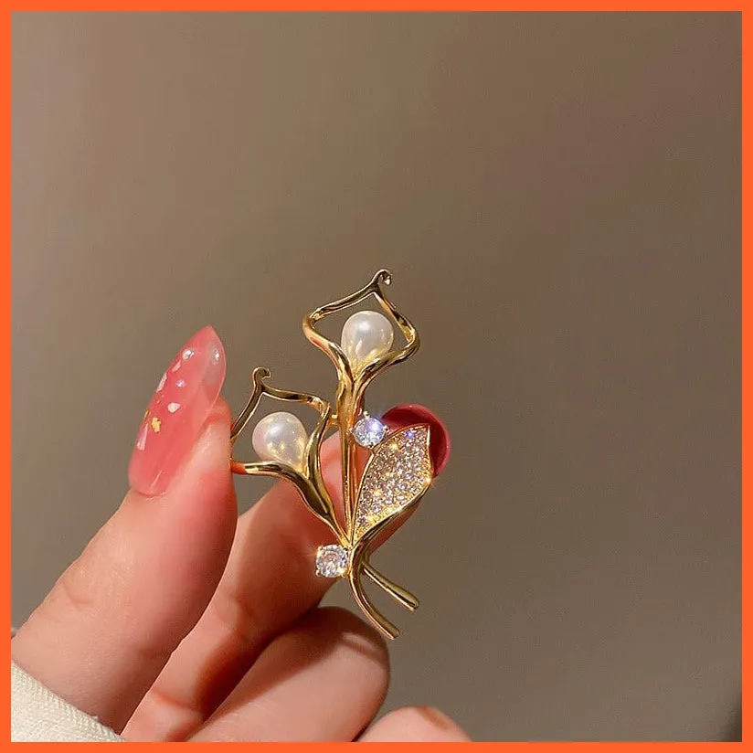 Rhinestone Red Rose Flower Brooches | Elegant Tulip Flower Bowknot Lapel Pins