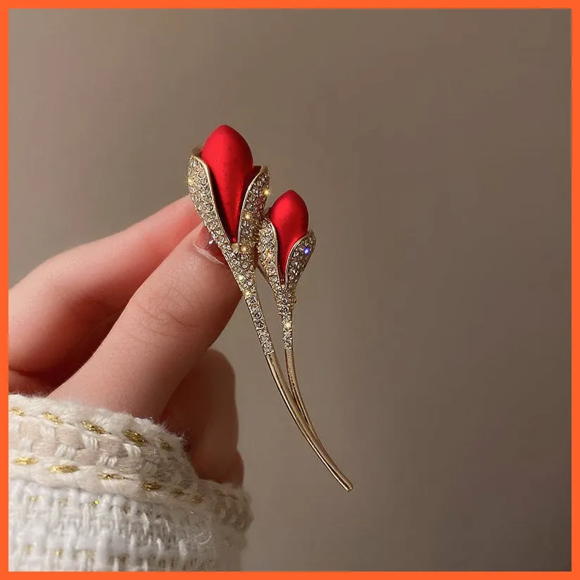 Rhinestone Red Rose Flower Brooches | Elegant Tulip Flower Bowknot Lapel Pins
