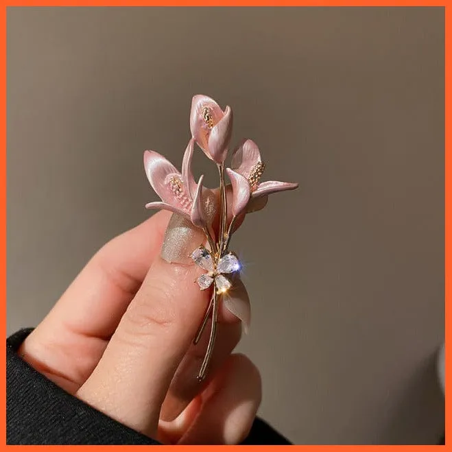 Rhinestone Red Rose Flower Brooches | Elegant Tulip Flower Bowknot Lapel Pins