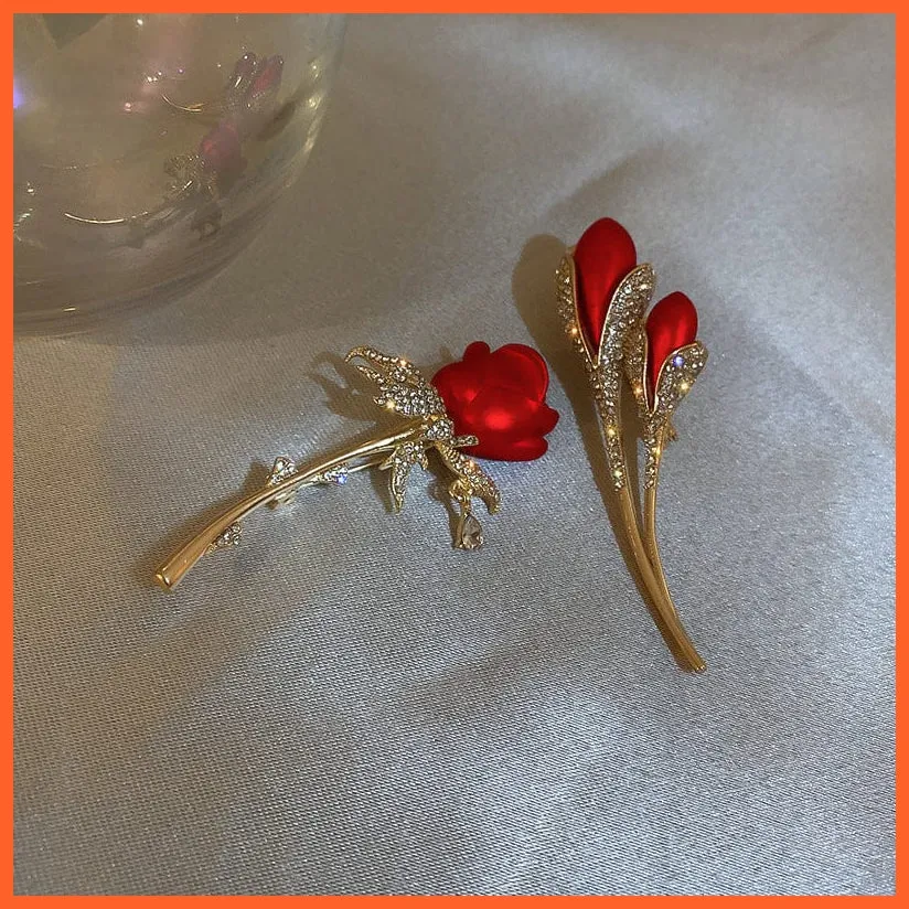 Rhinestone Red Rose Flower Brooches | Elegant Tulip Flower Bowknot Lapel Pins