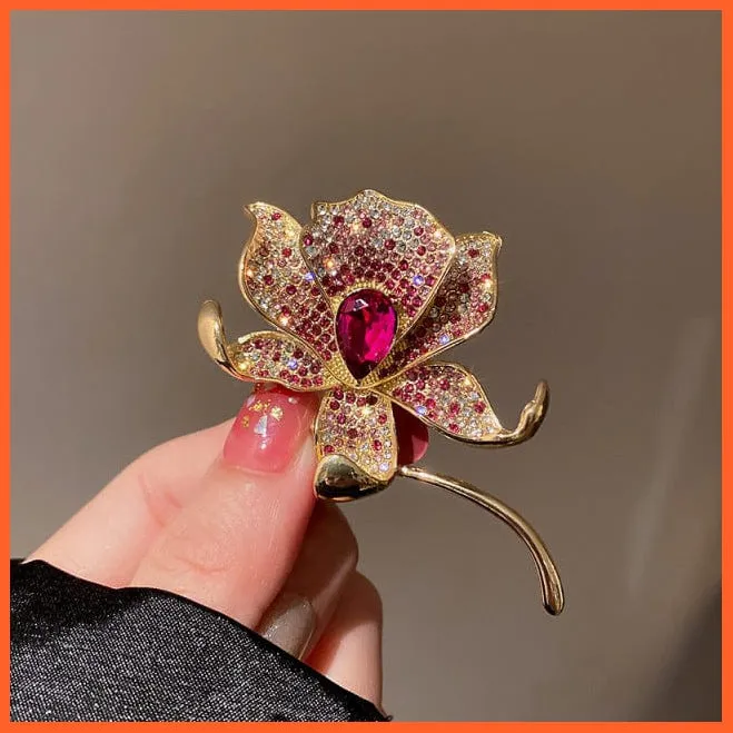 Rhinestone Red Rose Flower Brooches | Elegant Tulip Flower Bowknot Lapel Pins
